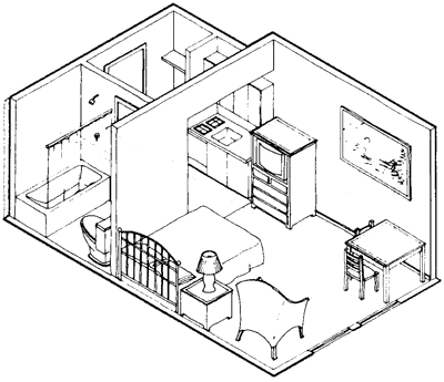 Perspective view of studio unit.